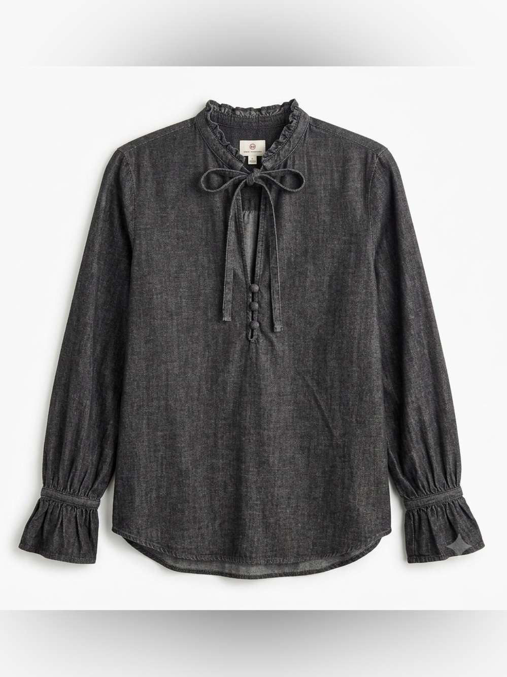 AG Adriano Goldschmied Boho Prairie Chambray Tie-Neck Blouse Sz L